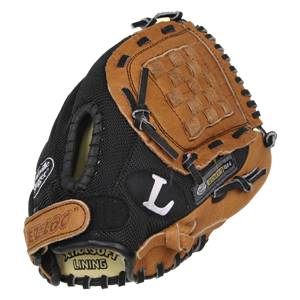 Corner view of a black and tan youth baseball glove with a white L logo and GENESIS 814 text.