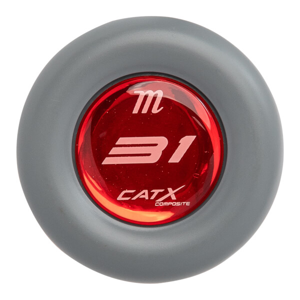 Top-down view of a gray baseball bat end cap with a red insert showing m, 31, CATX, and COMPOSITE.