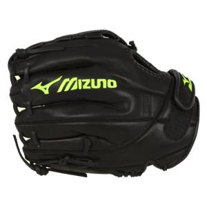 Side view of a black baseball glove with neon green Mizuno branding and adjustable strap.
