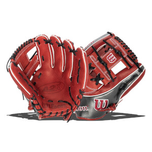 Front view of red baseball gloves with black lacing and white trim, showing Wilson branding.