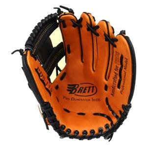 Interior view of an orange baseball glove with black lacing, Brett logo, and PDS-115 text.