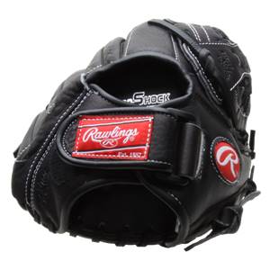 Front view of a black Rawlings fastpitch glove with SHOCK text and red logo patch.