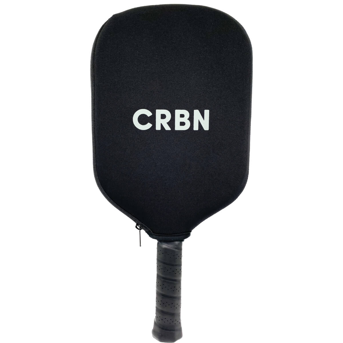 Front view of a black pickleball paddle with a CRBN logo and a perforated grip.