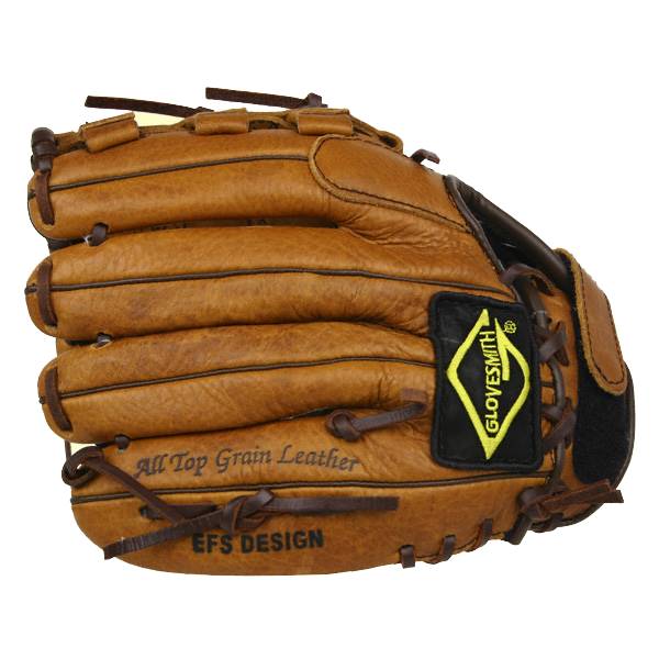 Front view of a tan baseball glove with All Top Grain Leather and EFS DESIGN text.