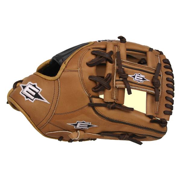 Side view of a tan baseball glove with black accents and white Easton logos.