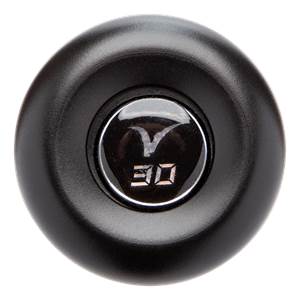 Top-down view of a black baseball bat end cap with a white Victus logo and 30 marking.