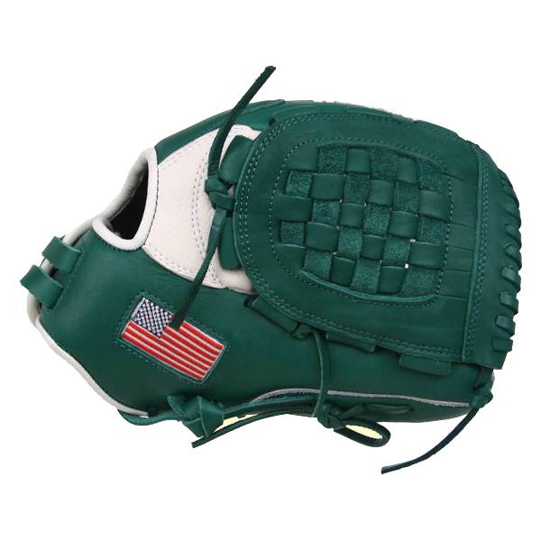 Side view of a green baseball glove with a woven palm and an American flag patch.