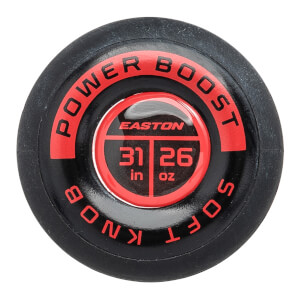 Bottom view of the black and red knob featuring the text "POWER BOOST SOFT KNOB" and the Easton logo with "31 in" and "26 oz" dimensions.