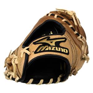Top-down view of a tan baseball glove with black lacing and a gold Mizuno logo.