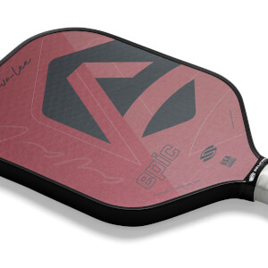 Corner view of a red pickleball paddle with a large gray geometric design, epic text, and USA logo.