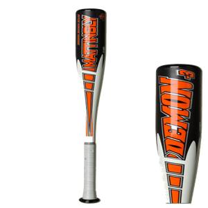 Side view of a black and white baseball bat with orange MATTINGLY text and a gray grip.