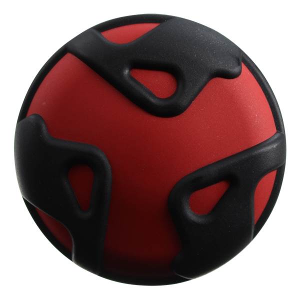 Top-down view of a red baseball bat end cap with black grip pattern.