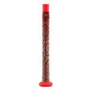 Close-up of a red baseball bat with a gold geometric pattern and red end cap.