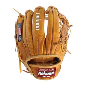 Front view of a tan leather baseball glove with nokona branding and an American Made Since 1934 patch.