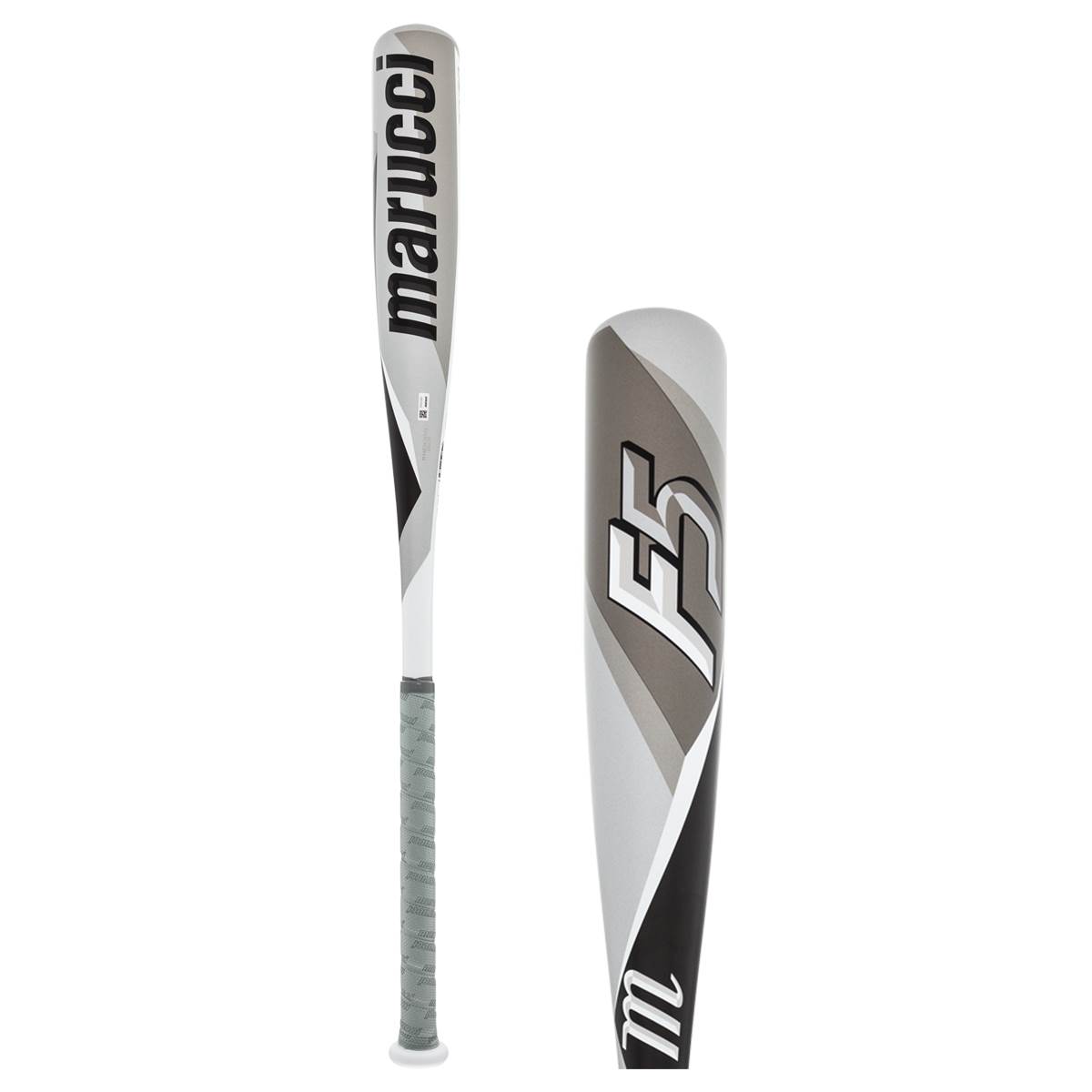 Side view of a white baseball bat with marucci and F5 branding and a grey grip.