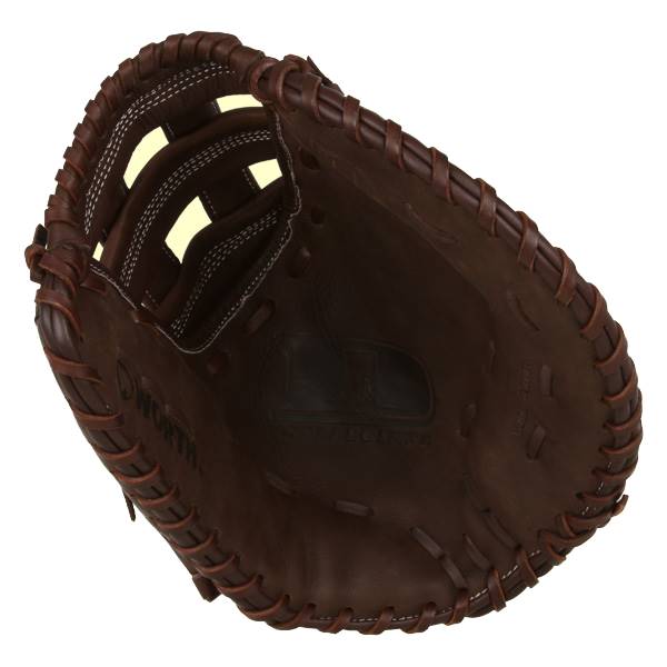 Top-down view of a brown softball first base mitt with white stitching and a deep pocket.