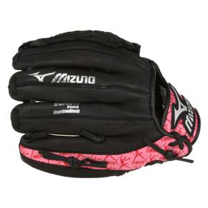 Side view of a black youth baseball glove with pink FINCH pattern and Mizuno logo.