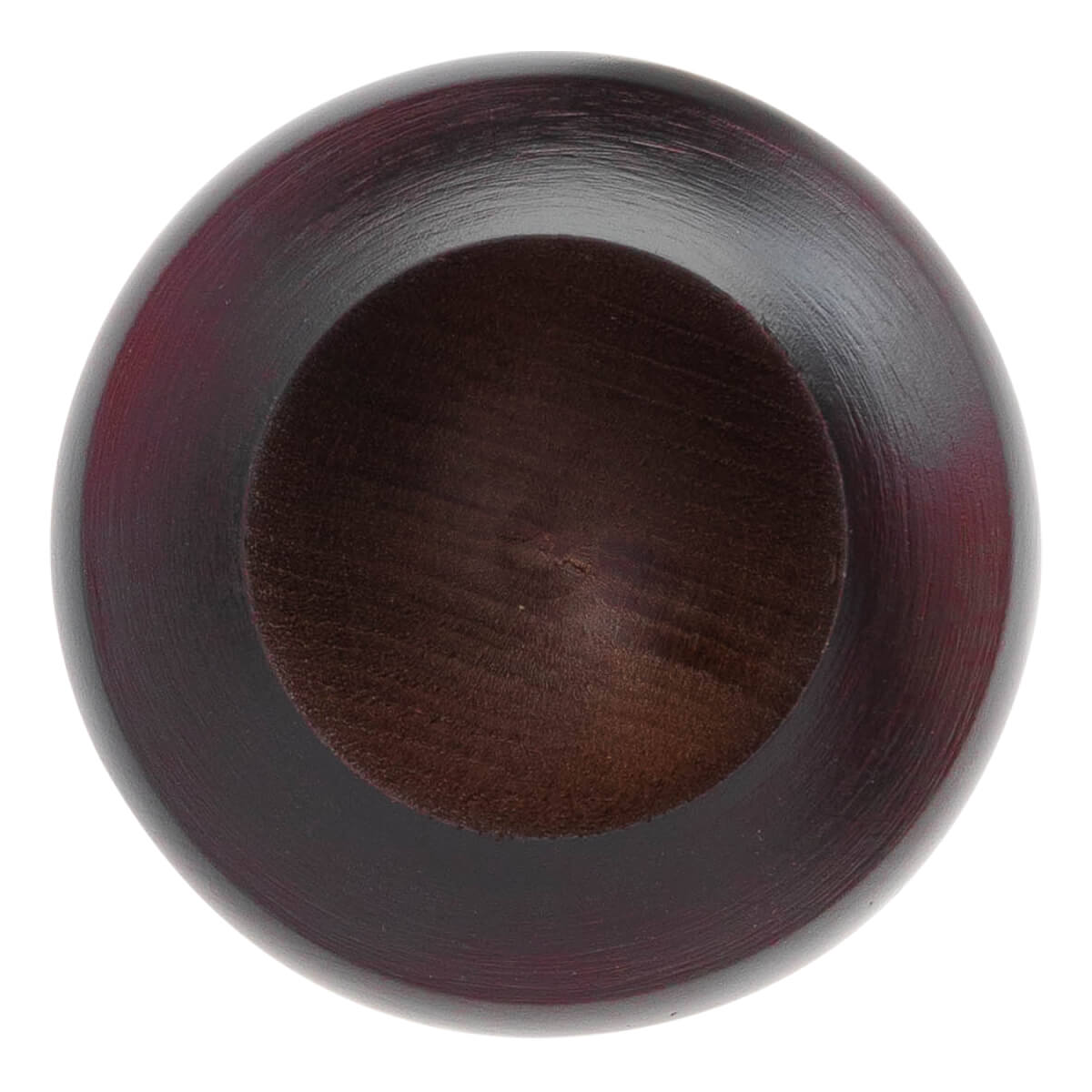 Top-down view of a dark cherry baseball bat with a deeply cupped barrel end and visible wood grain.