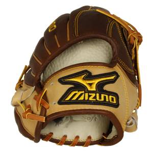 Front view of a brown and tan baseball glove with a Mizuno logo and Soft text.