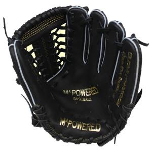 Front view of a black baseball glove with gold M^POWERED branding and white stitching.