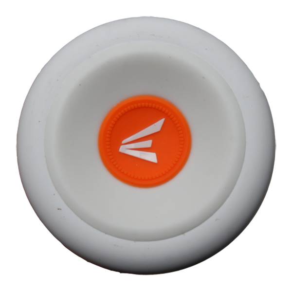 Top-down view of a white baseball bat end cap with an orange circular logo and a white E symbol.