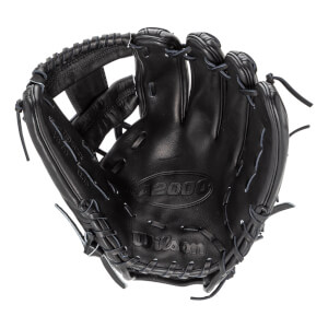 Front view of the interior palm of a black leather baseball glove embossed with "A2000" and "Wilson" and stamped with "PRO-STOCK", "1975", and "11.75" on the thumb.