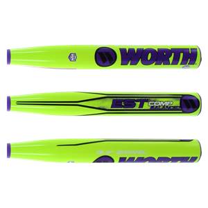 Top-down view of a lime green softball bat with purple WORTH logo and EST COMP text.