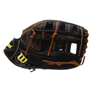 Side view of a black baseball glove with brown lacing and a yellow Wilson logo.