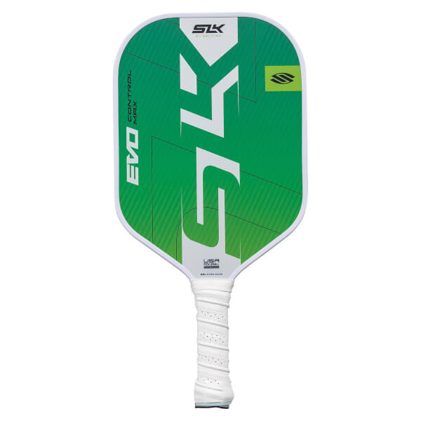 Front view of a green pickleball paddle with white SLK logo and EVO CONTROL MAX text.