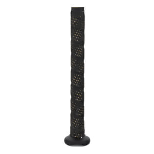 Close-up of a black baseball bat grip with a gold dotted pattern and a black knob.