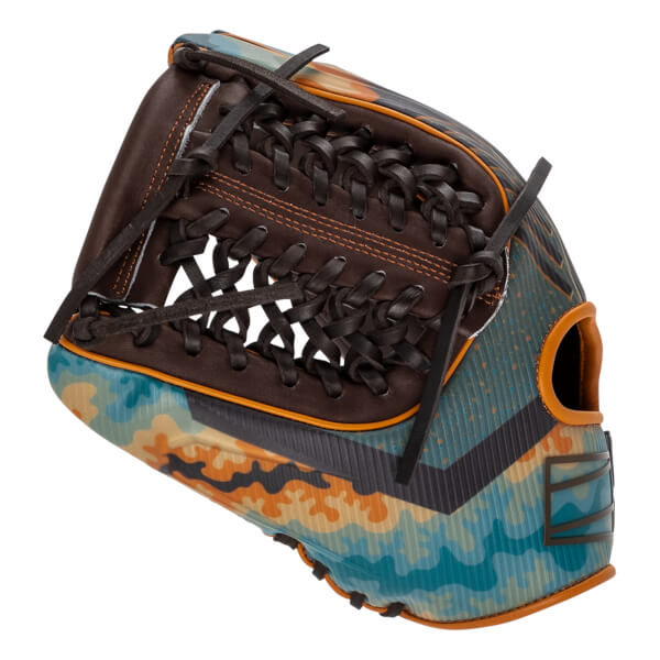 Front view of the baseball glove featuring a dark brown leather palm and web with a vibrant blue, orange, and gray camouflage pattern on the outer shell.