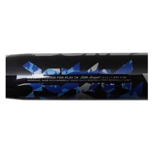 Side view of a black baseball bat with blue geometric patterns and approval text.