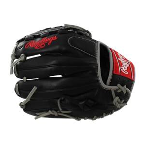 Side view of a black baseball glove with red Rawlings branding and grey lacing.