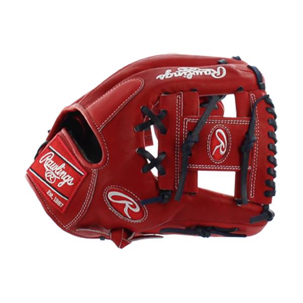 Side view of a red baseball glove with navy lacing and Rawlings branding.