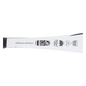 Close-up side view of a white fastpitch softball bat showing OFFICIAL SOFTBALL text, USSSA 1.20 BPF, and USA Softball certifications.
