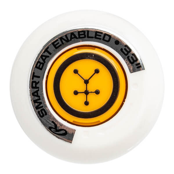 End view of a white fastpitch softball bat with SMART BAT ENABLED text and a yellow circular insert.
