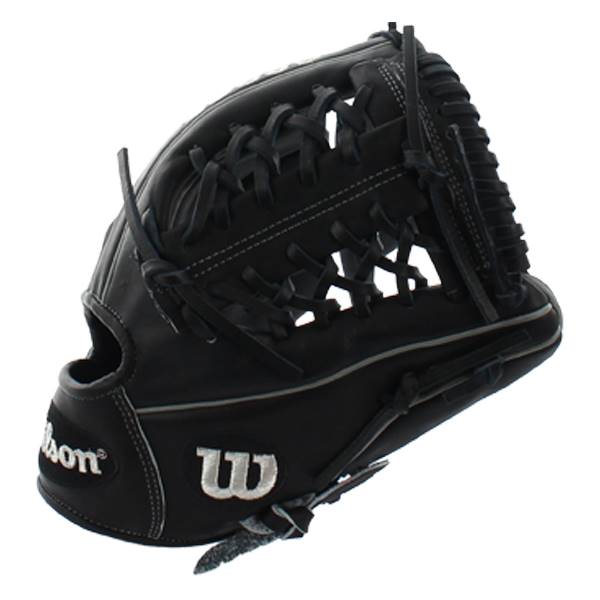 Side view of a black baseball glove with white stitching and a W logo.
