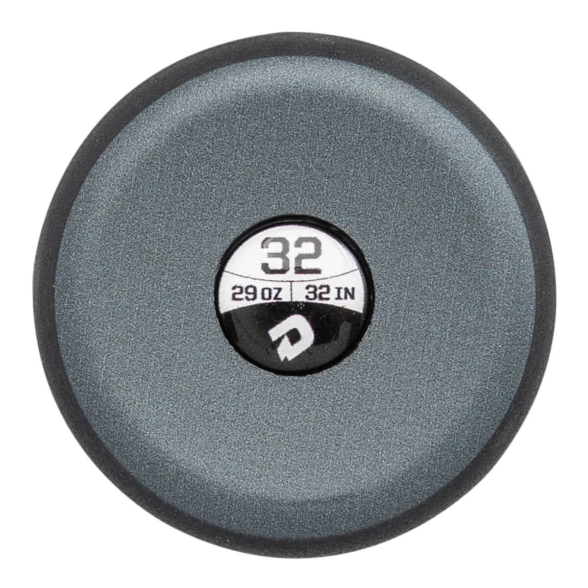 Top-down view of a gray baseball bat with a black end cap showing 32 and 29 OZ 32 IN.