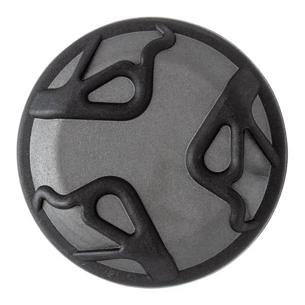 Top-down view of a circular gray bat end cap featuring three raised black flame-like designs arranged symmetrically around the center.