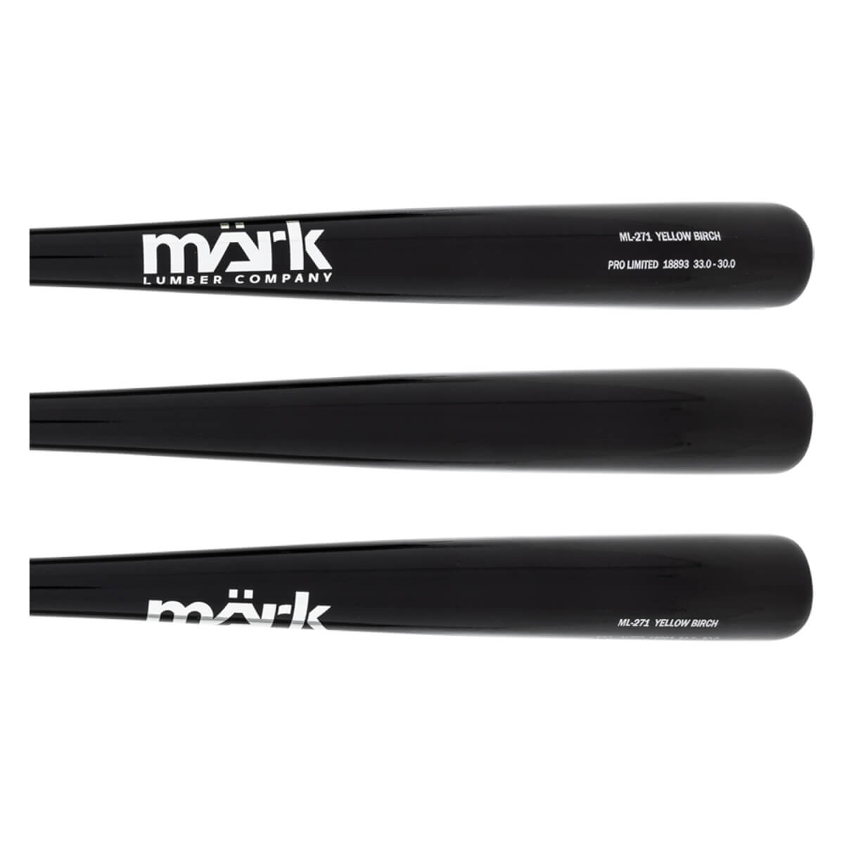 Side views of a black baseball bat with white Märk Lumber Company logo, ML-271 YELLOW BIRCH, and PRO LIMITED text.