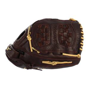Side view of a brown baseball glove with yellow lacing and a checkered palm design.
