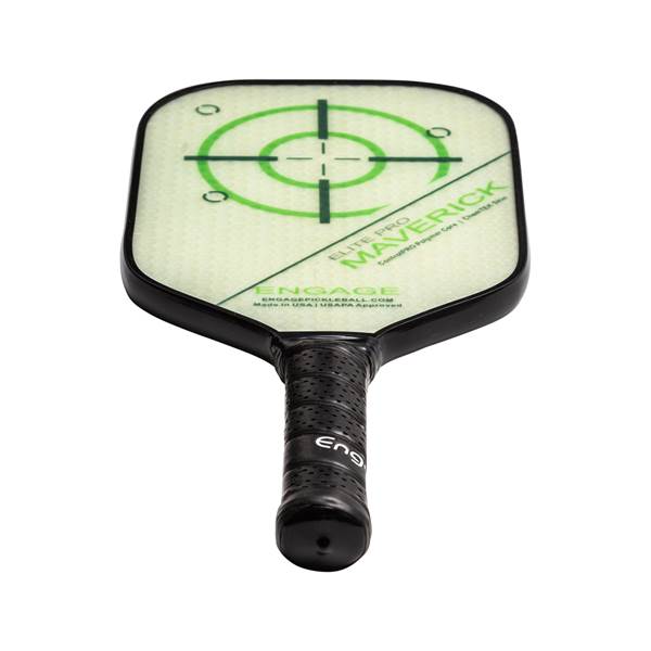 Top-down view of a light green pickleball paddle with a green target design and Maverick text.