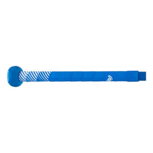 Side view of a blue fastpitch softball bat with a striped grip and Rawlings logo.