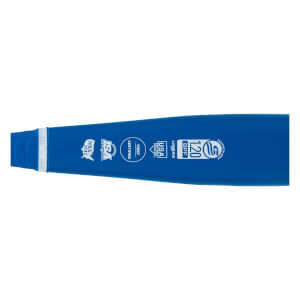 Side view of a blue fastpitch softball bat with multiple certification logos and 120 BPF text.