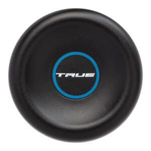 Top-down view of a black baseball bat end cap with a blue ring and white TRUE logo.