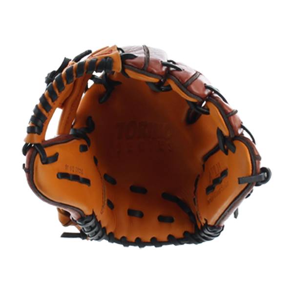 Interior view of a brown baseball glove with black lacing and TORINO SERIES embossed.