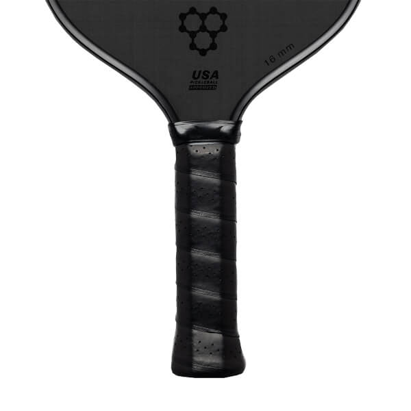 Top-down view of a black pickleball paddle with a textured surface, USA PICKLEBALL APPROVED text, and 16 mm marking.