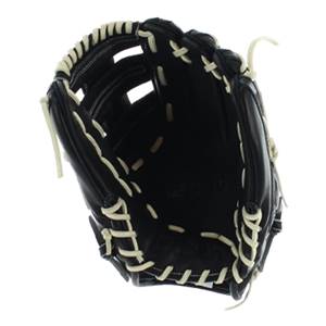 Top-down view of a black baseball glove with white lacing and a pocket.