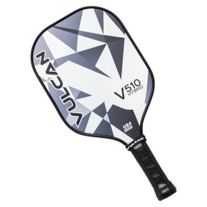 Top-down view of a white pickleball paddle with a black geometric pattern, VULCAN text, and V510 HYBRID branding.