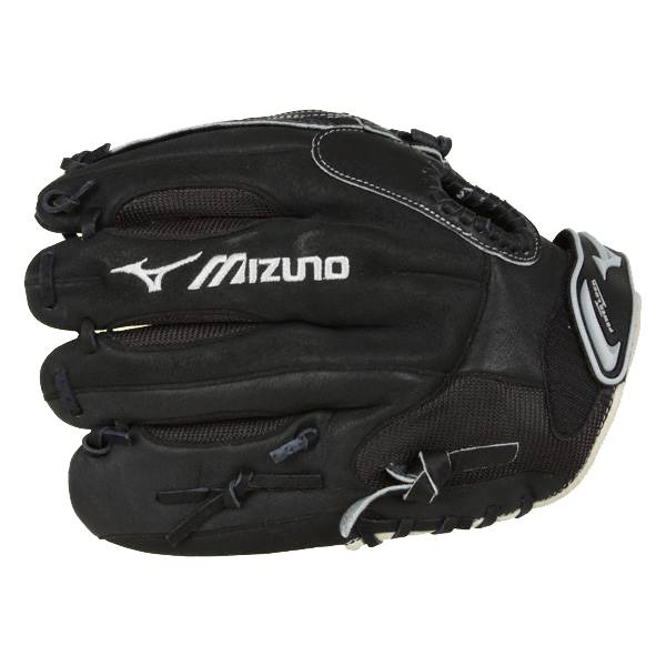 Side view of a black Mizuno baseball glove with white stitching and mesh accents.